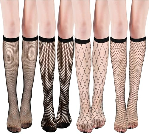 Telooco 4 Pares Medias de Rejilla de Nylon Calcetines de Rejilla Hasta el Muslo para Mujer Negro Calcetines de Malla por Encima de la Rodilla Medias Huecas Transparentes para Mujer