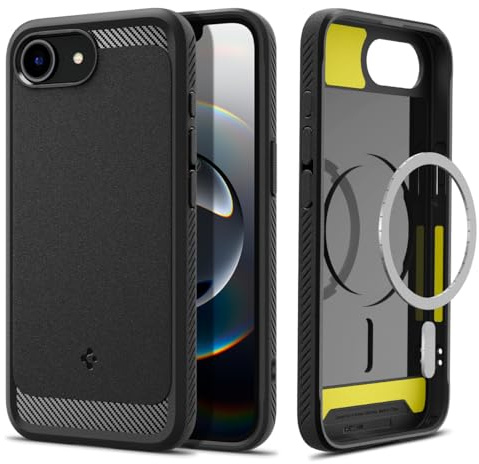 Spigen Rugged Armor MagFit Case for iPhone 17e / 16e, MagSafe Compatible Phone Cover [Carbon Fibre Design] [Military-Grade Drop Protection] - Matte Black