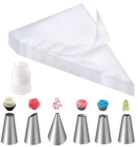 Juego de 100 bolsas de pastelería desechables, 6 boquillas+1 embrague para boquillas pasteleras, mangas pasteleras profesionales para decorar pasteles, pasteles, galletas, cupcakes