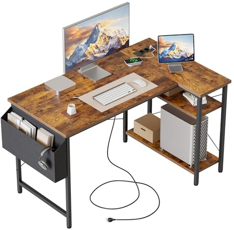 Mericonia Kleiner L-förmiger Schreibtisch mit Steckdosen, 100 cm L Computer-Eckschreibtisch mit umkehrbaren Regalen, Gaming-Schreibtisch, Computertisch fürs Homeoffice, braun