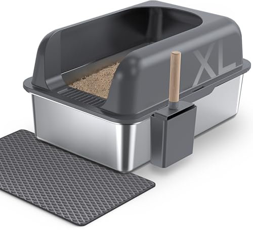 Gimars XL Katzenklo Edelstahl, Große Katzentoilette aus Metall 37L mit Streuschaufel & Matte, Edelstahl Katzenklo für mittelgroße & große Katzen