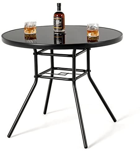 GIANTEX Table Bistrot 86 cm, Table à Manger de Jardin avec Trou pour Parasol de 3,5 cm, Plateau en Verre Sérigraphié, Cadre en Métal, Table d'Appoint Ronde, pour Jardin, Terrasse, Noir