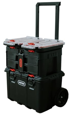 Stack N’ Roll 4-Piece Rolling Tool Storage System – Includes Large Rolling Tool Box, 2-Drawer Tool Box & 2 Tray Organizers | Modular Stackable Tool Storage with Wheels for Garage & Workshop