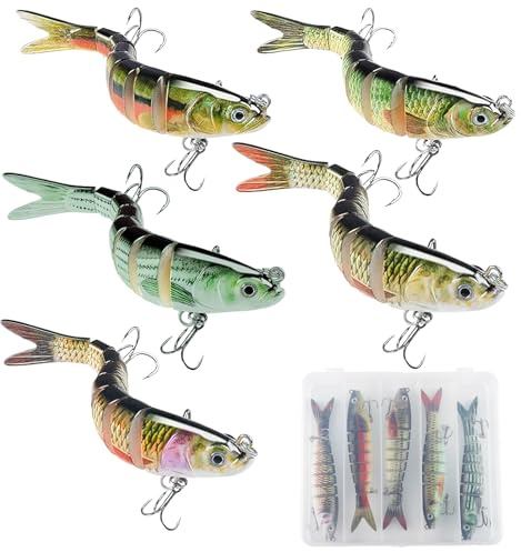 HYran Angelköder, 5 Stück Wobbler Hecht Köder, Barsch Köder, Angelköder für Süßwasser, Swimbait, Jerkbait Hecht mit 2 Drillingshaken und Fischköder Box, für Männer Familien-Angelausrüstung