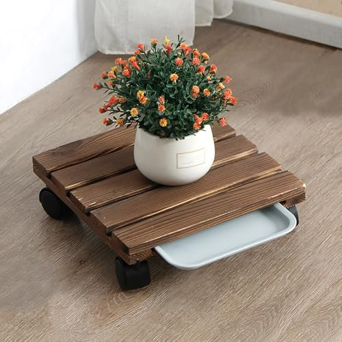 TRAGLO Support à Plantes carré en Bois à roulettes, Support à Plantes Roulant avec Plateau en Plastique, Chariot Robuste pour Pots de Fleurs et Transport d'objets Lourds(30x30x8cm)