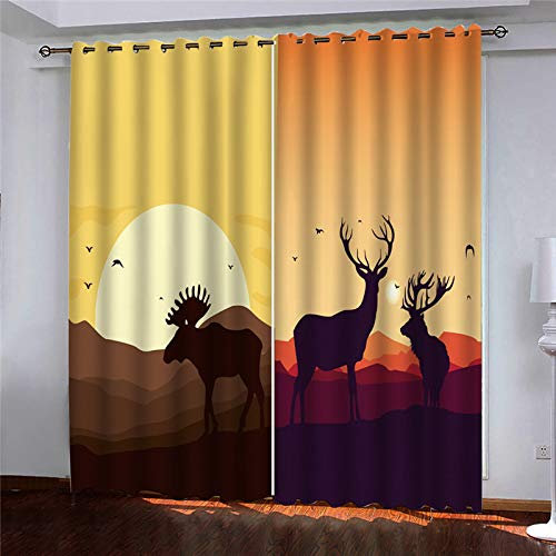 MAYNUO Blickdichte Vorhänge Mit Motiv 3D Tier Deer Sunset Landschaft Kinder Gardinen Ösen Gardine Thermo 280x160 cm Schlafzimmer Kinderzimmer Vorhange Dekoratives Muster, Verdunklungsvorhänge