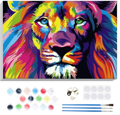 Lxmsja León Colorido Pintar por Numeros Adultos Niños con Marco, DIY Animal Cuadros para Pintar Colorear por Números Lienzos, Pintura Acrilica Manualidades Adulto Decoracion Hogar Pared 20x30cm