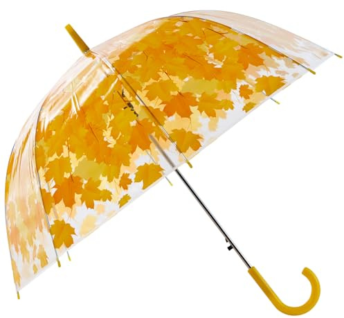 Meichoon Grand parapluie transparent avec dôme transparent, couverture à 8 tiges, résistant au vent et à la pluie, manche en J pour usage extérieur pour femmes et enfants, motif feuilles, Jaune, 119