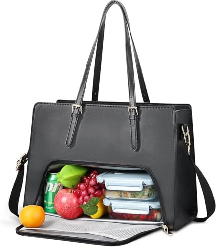 Jetviivid Laptop Tote Bag with Insulated Lunch Compartment, 17.3 Inch PU Leather Briefcase for Women, Waterproof Laptop Handbag Computer Shoulder Bag for Business, Office, Work, Black