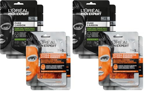 L'Oréal Men Expert Tuchmasken 4er Set für Männer, Feuchtigkeitsspendende Gesichtsmasken gegen Mitesser und Pickel Unreinheiten, Gesichtspflege Geschenkset für Herren, Hydra Energy Pure Carbon, 4 x 30g