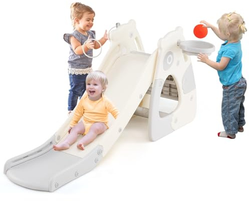 GOPLUS 4 en 1 Toboggan Enfant Interieu Pliant, Toboggan Bebe avec Panier de Basket, Ballon Basket et Pompe à Air en HDPE, Jeu d'escalade pour Enfants 3 Ans+,148 x 71 x 67 cm