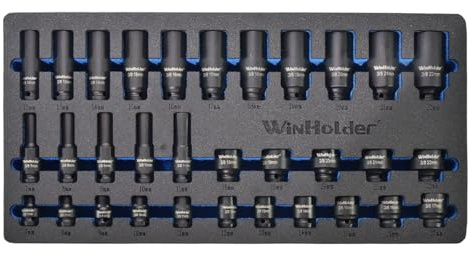 WinHolder 32-Piece Deep and Shallow Impact Socket Set, 3/8-inch Drive, 7-22mm, 6-Point Hex EVA Foam Storage Tray