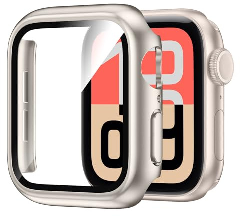 Kamita Vattentätt fodral till Apple Watch SE 3/SE 2/SE/6/5/4 44 mm, hårda PC stötfångare fodral med inbyggt härdat glas skärmskyddsfilm, heltäckande skyddskåpa för iWatch 44 (Starlight)