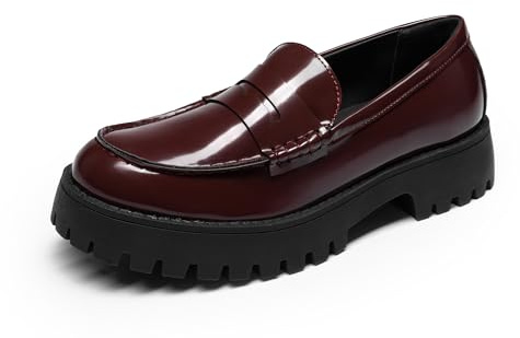 DREAM PAR Loafers för kvinnor plattform tjock penny loafer sula, bekväm dra på uppklädda vardagliga arbete affärer kontorsskor, Vinröd, 40 EU