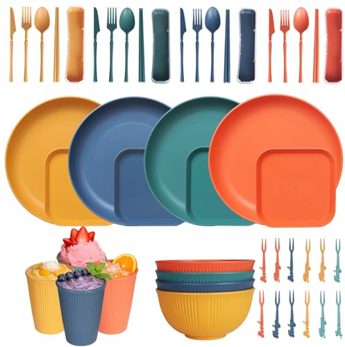 48pcs Unbreakable Dinnerware Sets - Reusable Camping Picnic Dinner Set,Lightweight Portable Plastic Plates and Bowls Sets for 4 People - Colorful Plates,Bowls,Cups,Forks,Cutlery Tableware Set