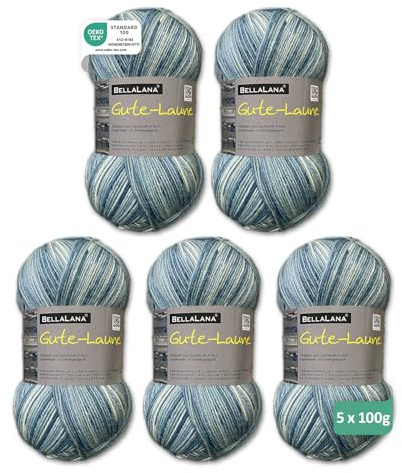 BellaLana Sockenwolle Gute-Laune - 4-Fädiges Sockengarn zum Stricken & Häkeln - Farbverlaufswolle - 75% Schurwolle, 25% Polyamid - Lauflänge 420m/100g - Nadelstärke 2,5-3, 5 x 100g - Petrol-Weiß
