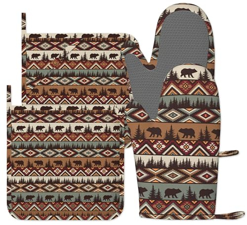 Bear Mountain Oven Gloves Silicone Oven Mitts and Pot Holders Sets of 4, Vintage Kitchen Gloves Hot Holders for Kitchen Baking Cooking Housewarming Gifts