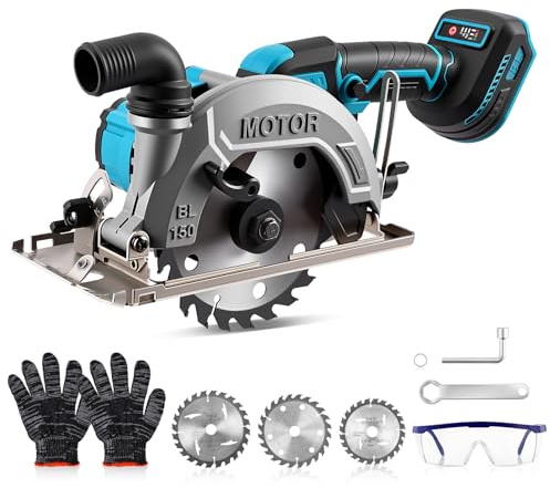 Akku Handkreissäge für Makita 18V Batterie, 7000RPM Bürstenlose Mini Kreissäge mit 3 Sägeblättern (125mm, 140mm, 150mm), Einstellbarer Schnittwinkel, für Schneiden von Fliesen und Holz(Ohne Batterie)
