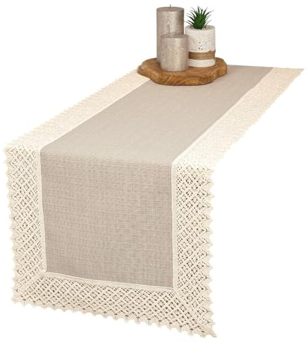 invitta Tischläufer mit Spitze 40x120 cm Beige-Ecru Meliert in Leinenoptik mit 7cm Baumwollspitze - Baumwolle Polyester 230g/m² Schwere Qualität, Fleckschutz mit Lotuseffekt, Elegante Tischwäsche