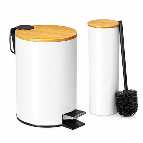 TIENDA EURASIA – Set de Baño Papelera 3L + Escobillero | Metal con Tapa de Bambú | Cubo Interior Extraíble | Papelera con Pedal y Asa para Transportar | Diseño Moderno | para Baño (Blanco)