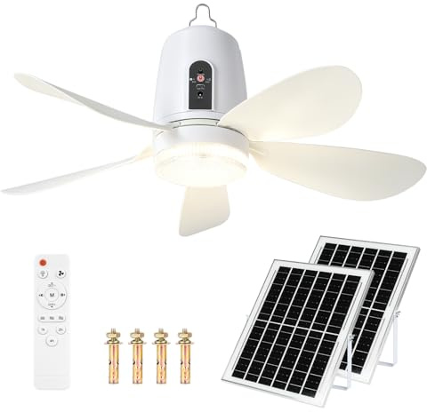 Ventilatore da Soffitto Solare con Luce, Pannello Solare 24W, Ventilatore 40cm 5 Pale, 3 Velocità & 3 Temperature di Colore, Telecomando con Timer, Portatile per Campeggio, Gazebo, Terrazza