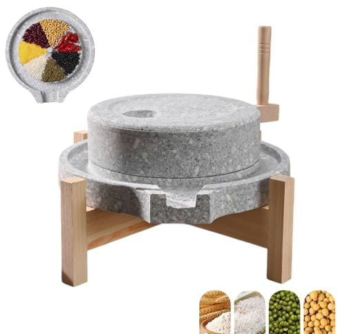 Manual Stone Grain Mill with Wooden Base, Traditional Hand Crank Flour Grinder, Natural Granite Stone Grinder for Dry & Wet Foods, Grain, Spice, Home Baking & Kitchen Use