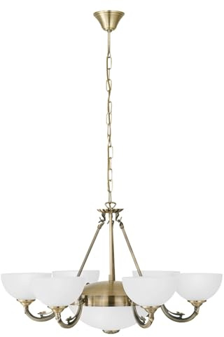 EGLO Pendelleuchte Savoy, 8 flammige Hängelampe Vintage, Rustikal | Hängeleuchte aus brüniertem Metallguss, satiniertem Glas in Weiß, Esstischlampe, Wohnzimmerlampe hängend mit E14 und E27