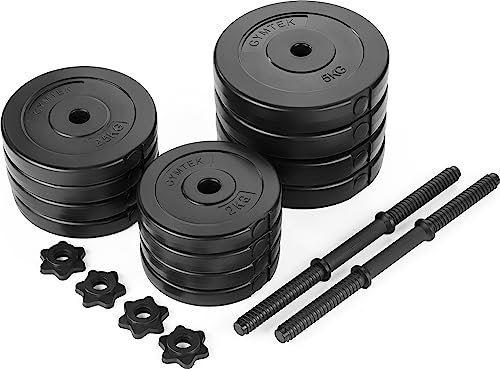 Gymtek Kurzhanteln 2er Set, 2x20kg, Verstellbare Hanteln, Dumbbell Set, Gewichtsscheiben Set, Gewichte Kurzhantel, Gewichtsplatten Set, 4 x 2kg, 4 x 2.5kg, 4 x 5kg und 2 Gerade Griffe, Muskelaufbau