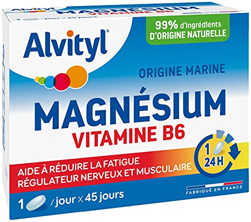 Alvityl Magnésium Marin 300mg + Vitamine B6 - Fatigue - 45 Jours | Magnésium d'origine marine + vitamine B6. Aide à réduire la fatigue, le stress et l'irritabilité. Dès 12 ans.
