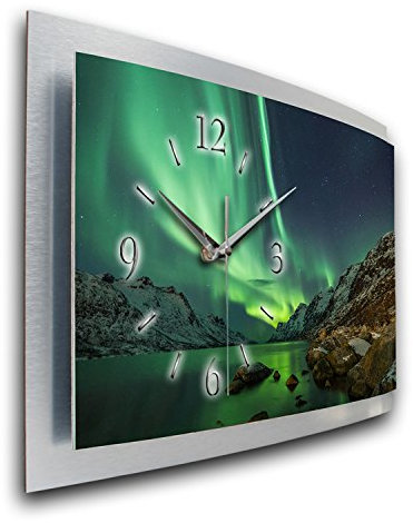 Kreative Feder 3D Designer-Wanduhr Polarlicht in modernem Metallic-Design; leise Funkuhr mit Naturwunder Motiv wahlweise in Zwei Größen (Polarlicht, 80x40cm; leises Funkuhrwerk)