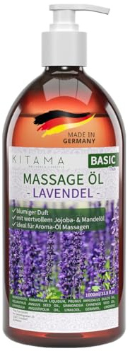 Kitama Massageöl Lavendel 1L - Authentisches Thai Aromaöl, made in Germany | Blumiger Lavendelduft für pflegende Anwendungen daheim & in Thaimassage. Haut- plus Körperpflege für Wellness & Spa