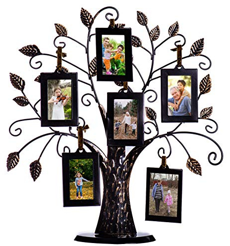 Klikel Marco de fotos de árbol genealógico con 6 marcos de fotos colgantes, árbol de metal mediano de 12 x 11 pulgadas, capacidad para 6 marcos ornamentales de 2 x 3 pulgadas