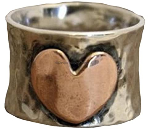 Gehämmerter Bandring aus 925er Sterlingsilber mit großem Kupferherz, Unisex-Ring, Statement-Ring, Partyring für die Liebe, Geschenk für Frauen, Muttertagsgeschenk (Größe 7)
