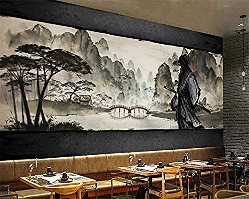 Héros noir et blanc Samurai Mountain Lake View Restaurant japonais 3D Poster Photos Murs Art Chambre Papier Peint 3D Salle de séjour Chambre à coucher Salle de séjour Mural murale enfant-150cm×105cm