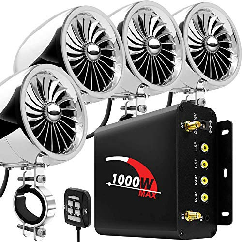 Aileap 1000W 4 Kanal Motorrad Verstärker 4 Full Range Wasserdicht Bluetooth Motorrad Stereo Lautsprecher Audio System mit AUX USB SD FM Radio für 1-1.5 Lenker Harley Cruiser ATV UTV (Chrom, Fan)