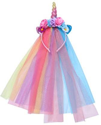 PRETYZOOM Einhorn Stirnband mit Tüllmähne und Blumen - Mädchen Geburtstag Outfit mit Kopfreif und Schleier für Erwachsene und Mädchen