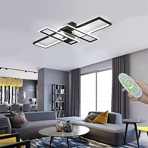 FBFC 35.4 Modern LED Ceiling Lights Fixture, 94W Black Dimmable Chandelier, Rectangular, with Remote Control Diningroom Lamp, Flush Mount Geometric LED Ceiling Lamps for Livingroom Bedroom