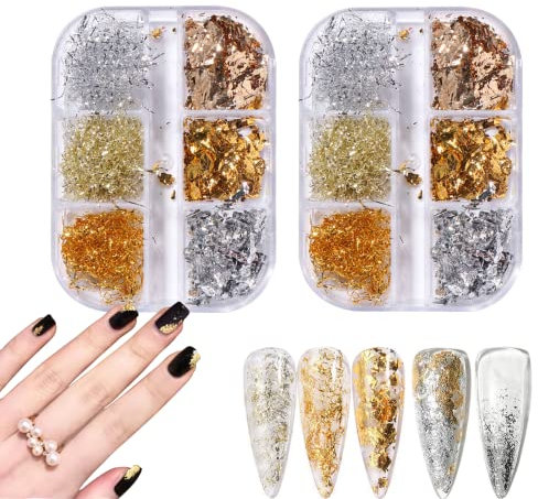 2 Boxes Nail Art Foil Flakes Aluminum Foil Flake,Metallic Gold Silver Nail Paillette Glitter Foil,HOINCO 12 PCS Nail Art Foil Foil Sticker Flakes Nail DIY Accessories Decals for Party Festival