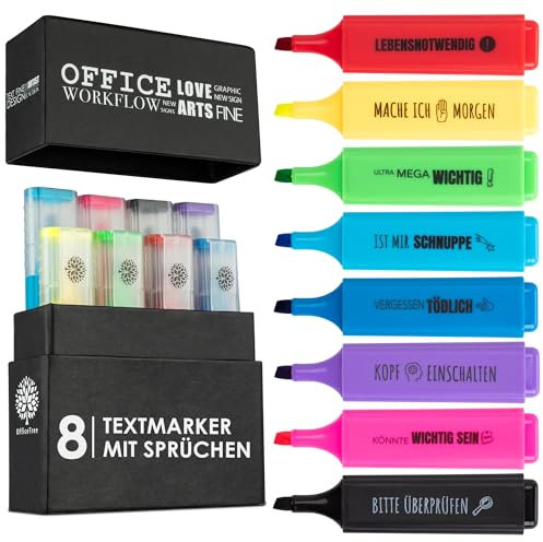OfficeTree 8 Lustige Textmarker Set in Box - Nette Sprüche - Textmarker mit Sprüchen als Lustige Büroartikel für Studenten, Lehrer, Arbeitskollegen