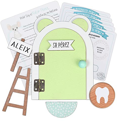 Puerta Ratoncito Pérez personalizable. Incluye escalera, alfombra, letrero con el nombre, cajita para dejar el diente, 5 certificados de recogida, historia del Ratoncito. VERDE