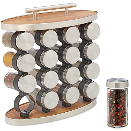 Relaxdays Gewürzständer, 16 Gewürzdosen, mit Streueinsatz, tragbares Gewürzregal, HBT: 29 x 28 x 12 cm, silber/natur