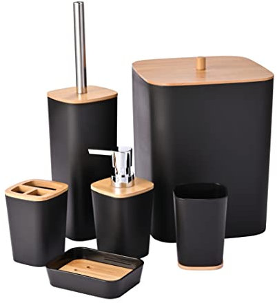 Yorkmills 6 Pieces Bamboo Bathroom Accessories set, Luxury Bathroom Accessory Set, Bathroom Bin And Toilet Brush Set, Toothbrush Holder Tumbler Soap Dish Trash Can Soap Dispenser Bath Set Gift