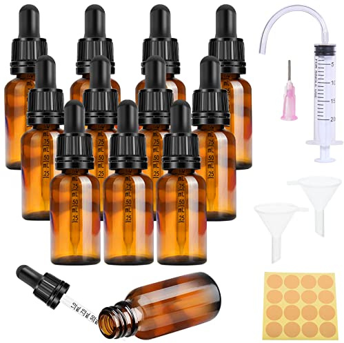 Nuts OT nuts Pipettenflasche 20ml 12 Stk Tropfflasche Dropper Bottle Flasche mit Pipette Kleine mit 5 Zubehör Aromatherapie für ätherische Öle Liquid Dyes Duftstoffe Apothekerflasche(Braune)