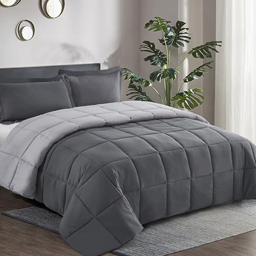 HIG 3 Pieces Grey Reversible Coverless Duvet 10.5 Tog - Super King | 260 x 220cm - OEKO-TEX Certified - Duvet with Corner Tabs Down Alternative Comforter with 2 Shams - Machine Washable