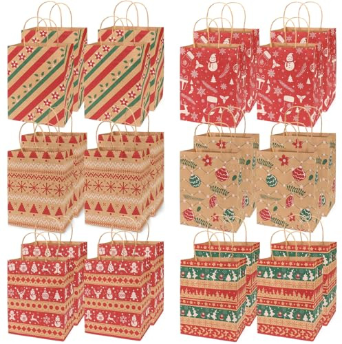 24 Stück Weihnachtsgeschenktüten mit Griffen, Mittelgroße Weihnachtstüten für Geschenke, wiederverwendbare Kraftpapiertüten zum Verpacken, Partybedarf