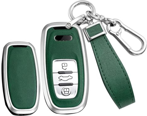 TECART Leder Autoschlüssel Hülle Cover Passt für Audi A3 A4 A5 A6 A7 A8 Q5 Q7 Q8 S4 S5 RS5 RS6 RS7 TT TTS TTRS E-Tron Quattro Schutzhülle Schlüsselcover Zubehör 3 Taste B Silber Grün