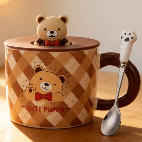 Arawat Bär Tasse mit Deckel 3d Tier Bär Tassen Geschenk Cute Tasse Kaffeetasse Keramik 400 ml Teetasse Tee Kaffee Becher Süße Geburtstagsgeschenk für Frauen Männer Freund Jungen