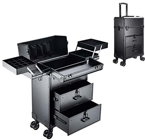 Kosmetik Trolley Rollkoffer Schminkkoffer, Artist Train Case Trolley Makeup Organizer, Mit Schlüsselschloss, Aluminium Schminkkoffer Rollkoffer,Dreifacher Schminkkoffer Mit Schubladen,schwarz (Color