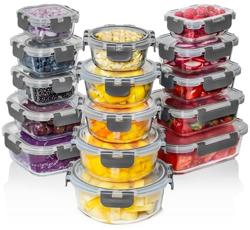 Razab 30 PC Glass Food Storage Containers with Lids - Reusable Glass Meal Prep Containers for Lunch & Leftovers - Airtight & Leakproof Snap Locking Lids - Oven, Freezer, Microwave & Dishwasher Safe