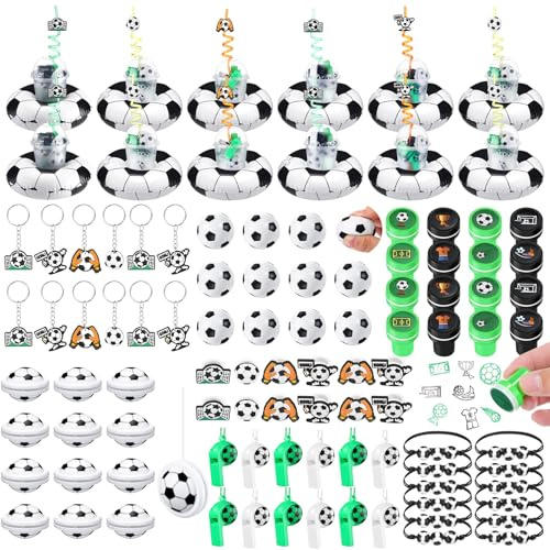 Outus 145 Pcs Soccer Party Favors, Soccer Party Supplies Including Cups Straws Inflatable Coasters Stress Ball Stamp Charm Bracelet Whistle Keychain Ring for Football Decoration